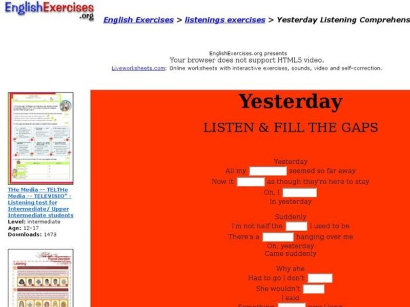 ESL Listening Activity: "Yesterday" Interactive