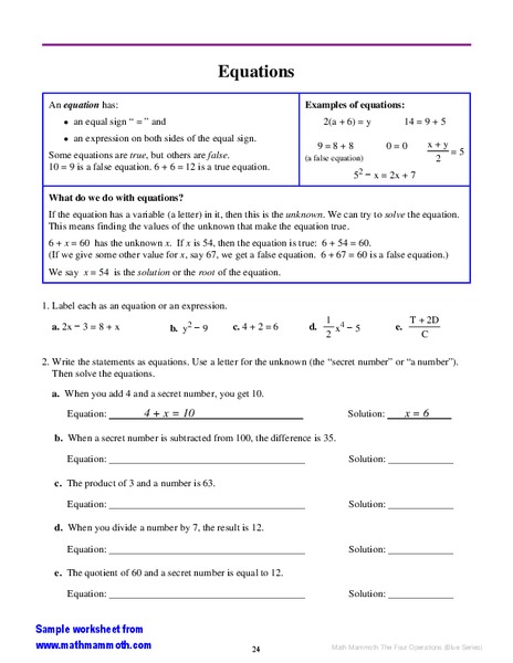 Equations Worksheet