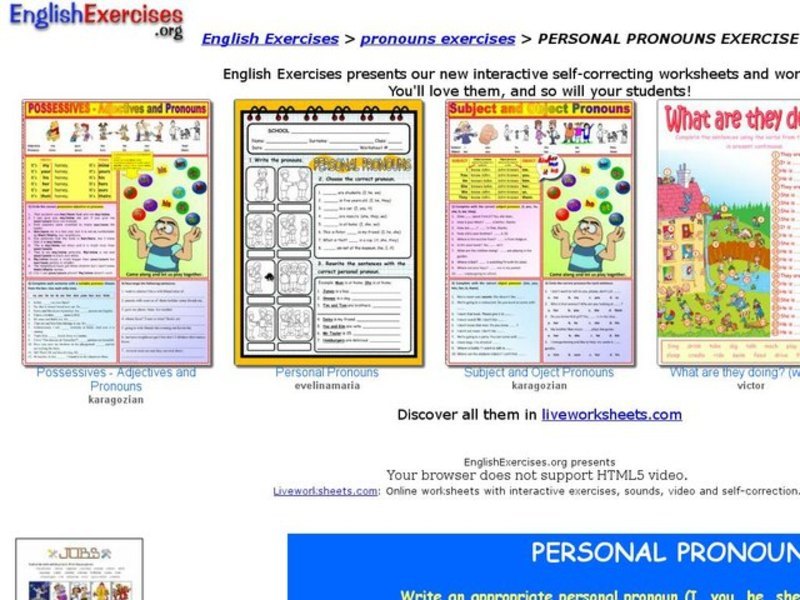 English Exercises: Personal Pronouns Interactive