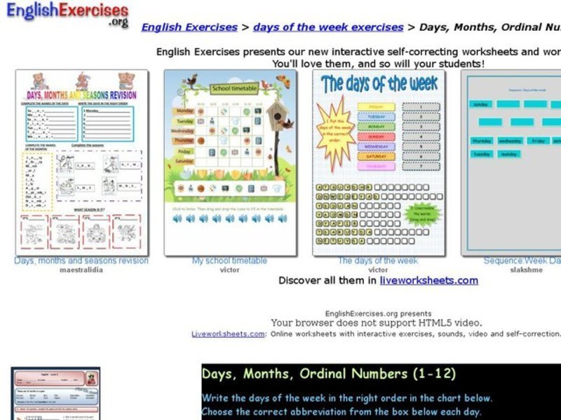 Days, Months, Ordinal Numbers (1-12) Interactive