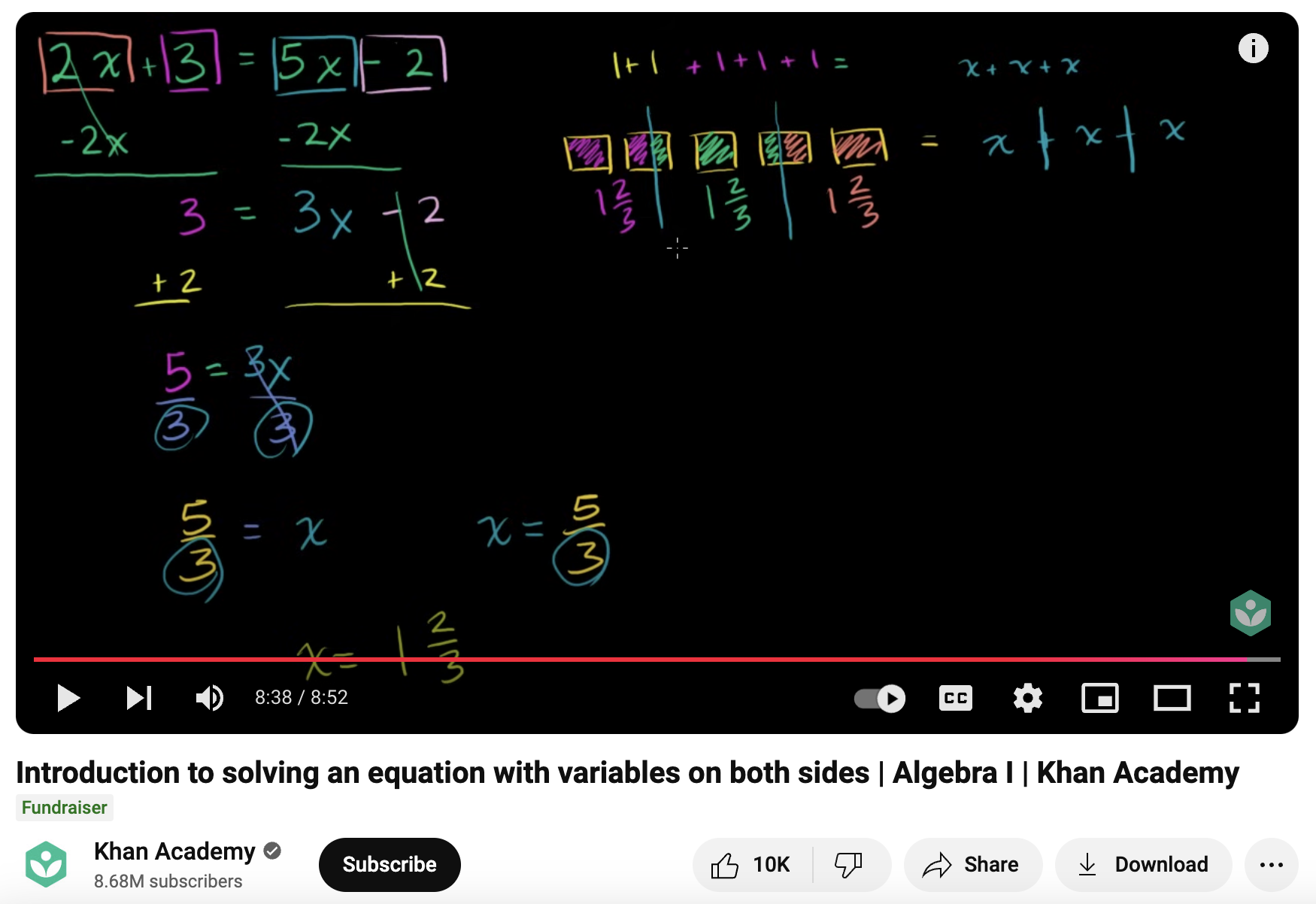 Introduction to Solving an Equation with Variables on Both Sides, Algebra I Instructional Video