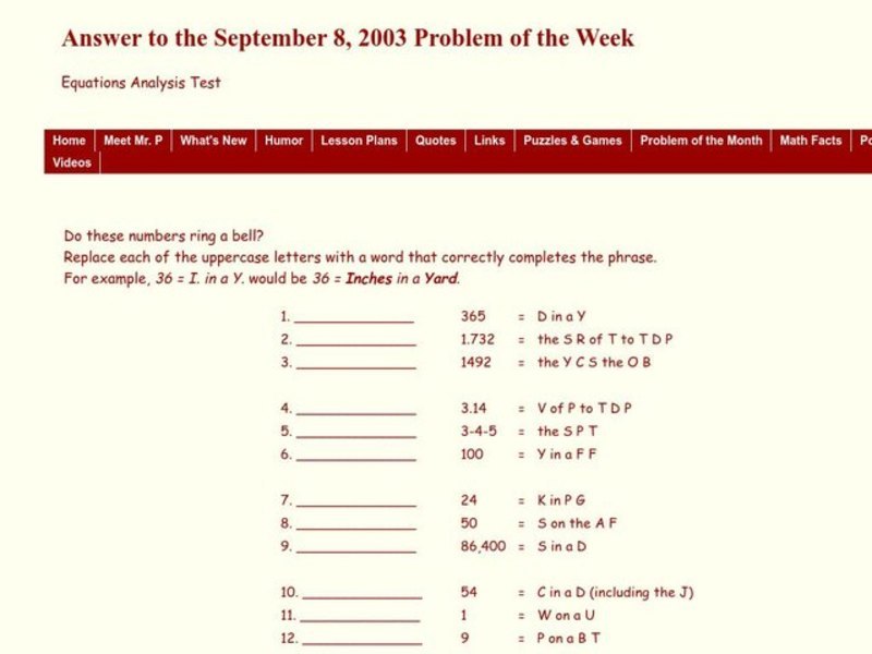 Equations Analysis Test Worksheet
