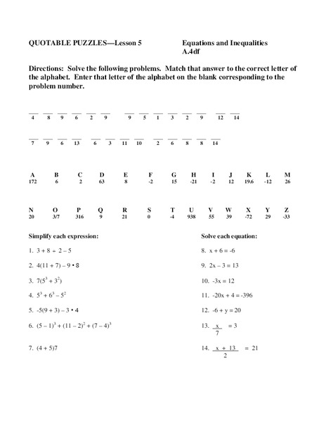 Equations and Inequalities Worksheet