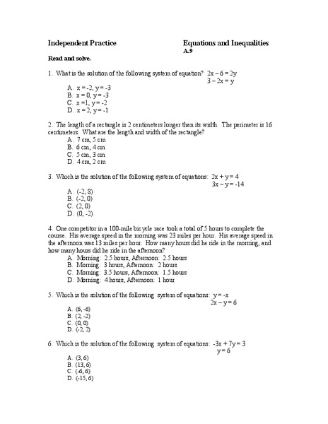Equations and Inequalities Worksheet