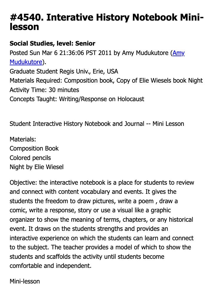 Interative History Notebook Mini-lesson Lesson Plan