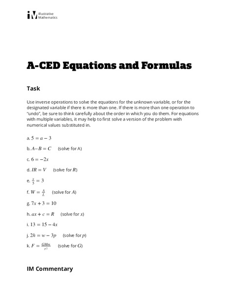 Equations and Formulas Lesson Plan