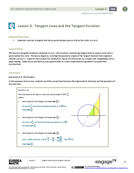Tangent Lines and the Tangent Function Lesson Plan