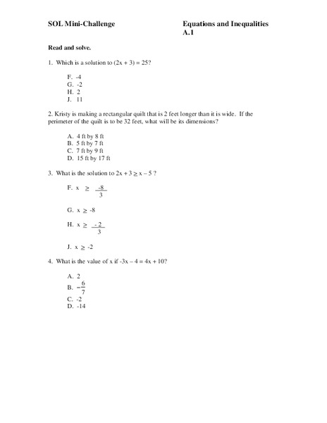 Equations and Inequalities Worksheet