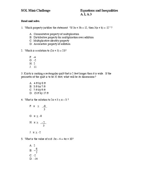 Equations and Inequalities Worksheet