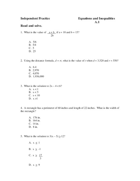 Equations and Inequalities Worksheet