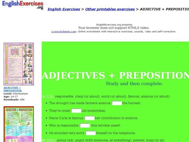 English Exercises: Adjectives and Prepositions Interactive
