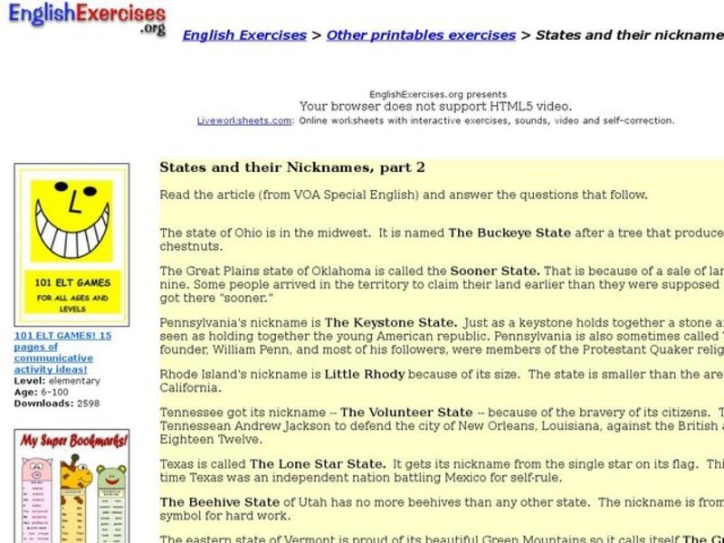 ESL: States and Their Nicknames Interactive