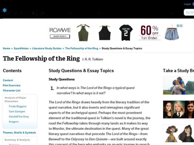 The Fellowship of the Ring by J. R. R. Tolkien: Study Guide - Mini Essays Study Guide