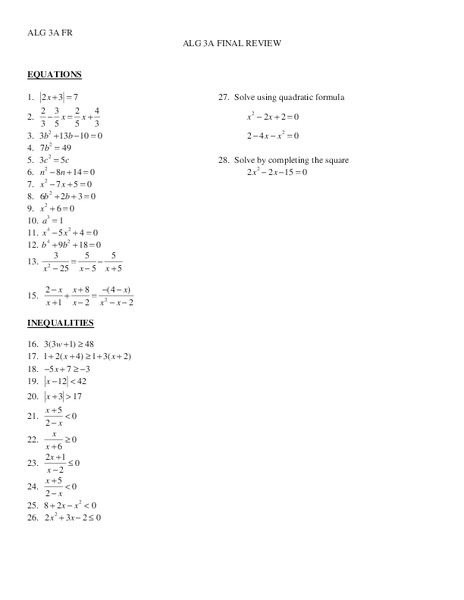 Equations and Inequalities Worksheet