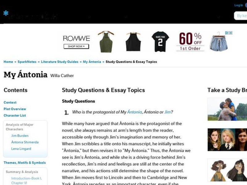 My Antonia by Willa Cather: Study Guide - Mini Essays Study Guide