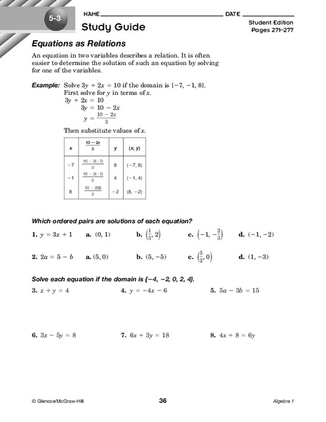 Equations as Relations Worksheet