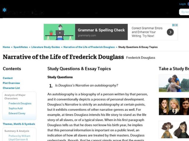 Narrative of the Life of Frederick Douglass by Frederick Douglass: Study Guide - Mini Essays Study Guide