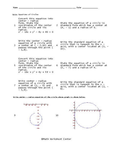 Equations of Circles Worksheet