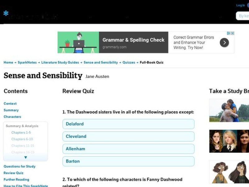 Sense and Sensibility Review Quiz Interactive