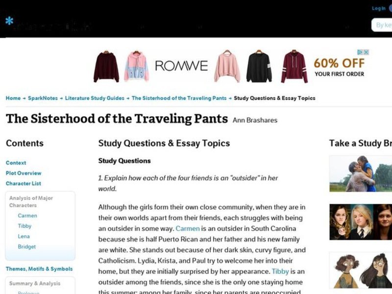 The Sisterhood of the Traveling Pants by Ann Brashares : Study Guide - Mini Essays Study Guide