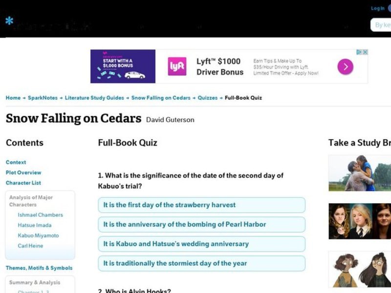 Snow Falling on Cedars Quiz Interactive
