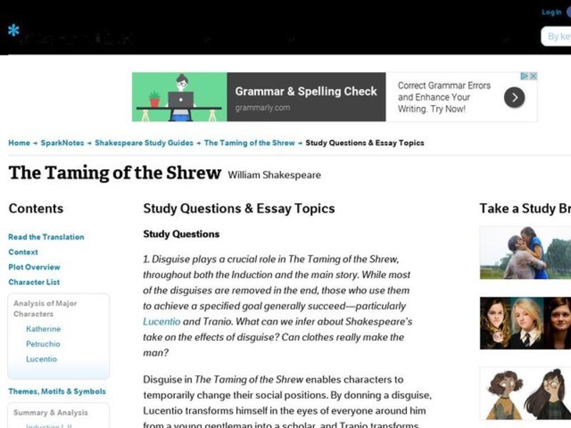 The Taming of the Shrew by William Shakespeare: Study Guide - Mini Essays Study Guide