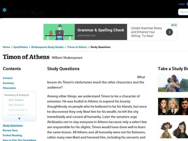 Timon of Athens by William Shakespeare: Study Guide - Mini Essays Study Guide