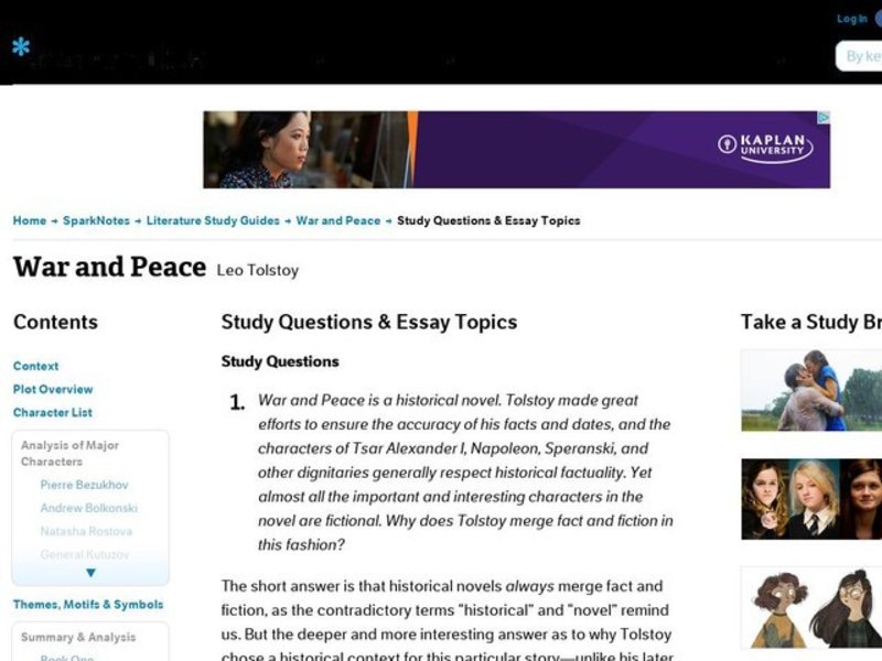 War and Peace by Leo Tolstoy: Study Guide - Mini Essays Study Guide