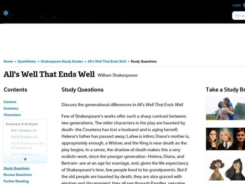 All's Well That Ends Well by William Shakespeare: Study Guide - Mini Essays Study Guide