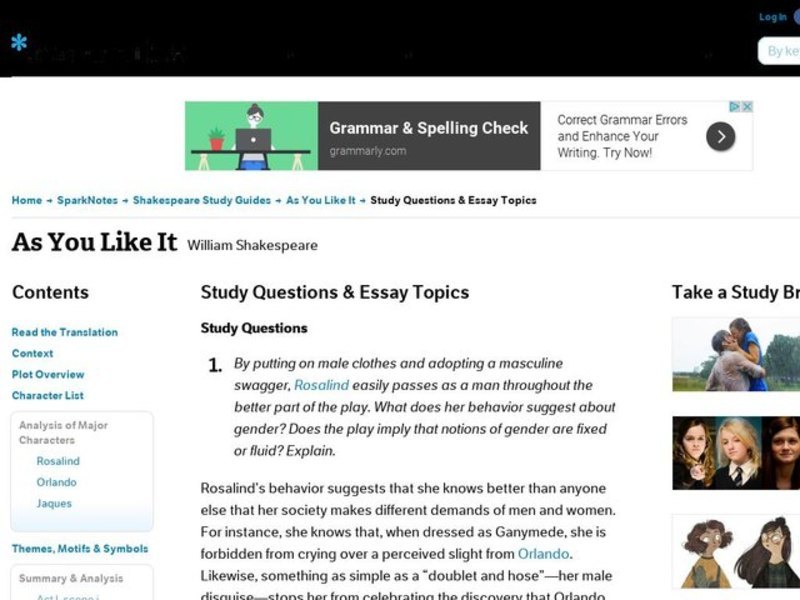 As You Like It by William Shakespeare: Study Guide - Mini Essays Study Guide