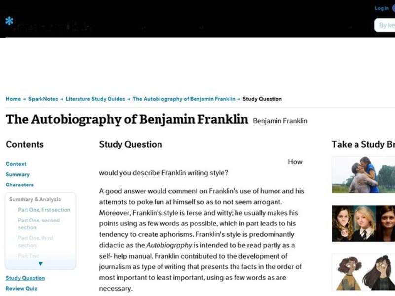 The Autobiography of Benjamin Franklin by Benjamin Franklin: Study Guide - Mini Essays Study Guide