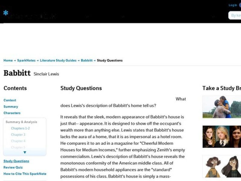 Babbitt by Sinclair Lewis: Study Guide - Mini Essays Study Guide