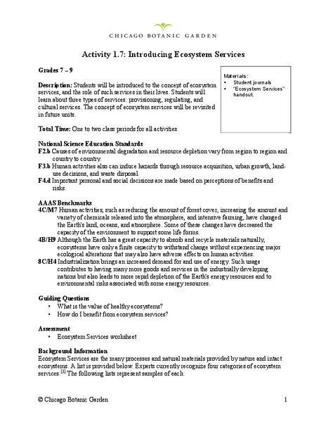 Introducing Ecosystem Services Lesson Plan