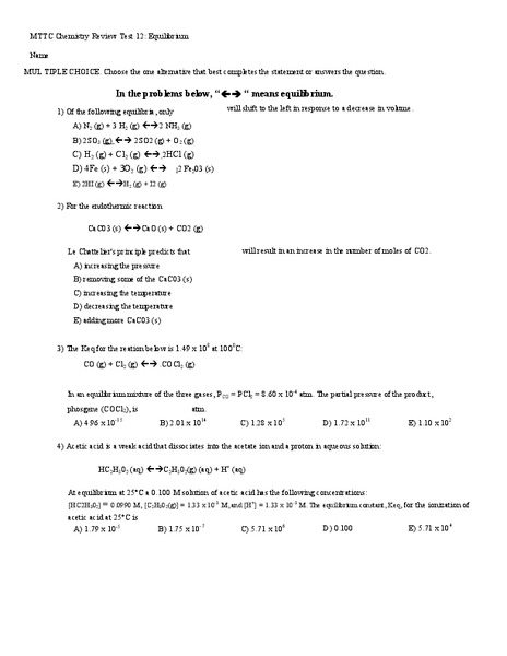 Equilibrium Worksheet