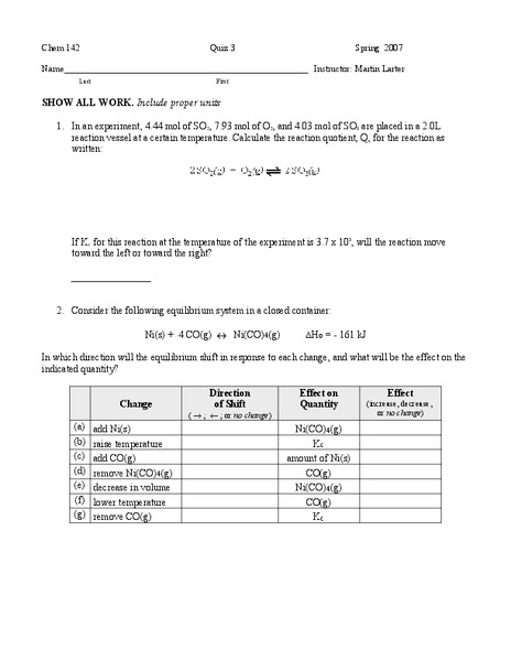 Equilibrium Worksheet