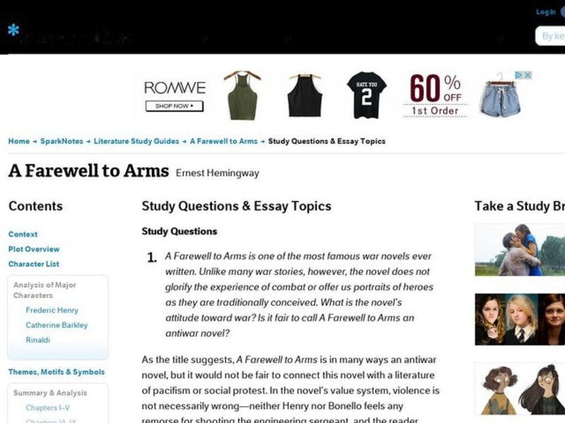 A Farewell to Arms by Ernest Hemingway: Study Guide - Mini Essays Study Guide