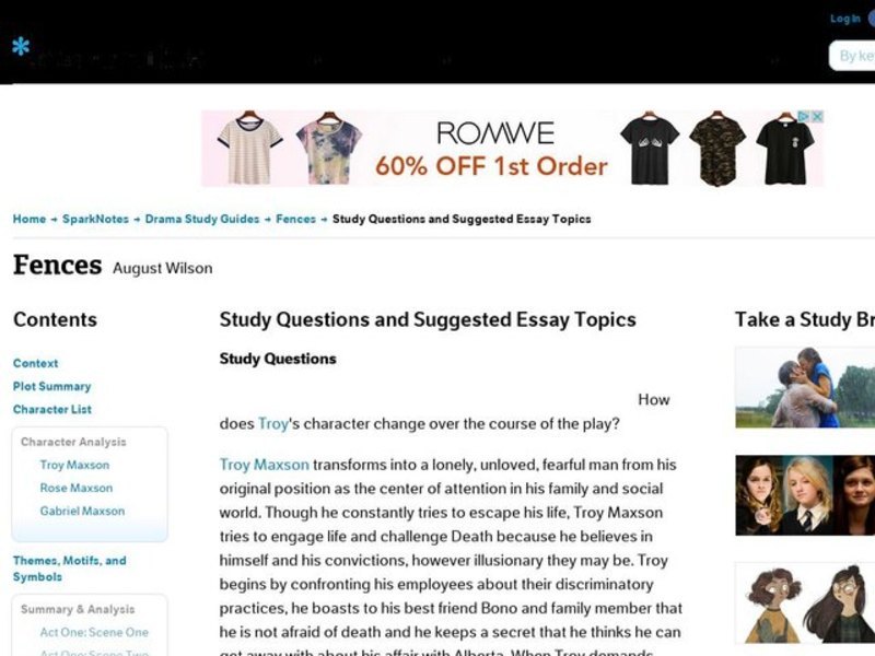 Fences by August Wilson: Study Guide - Mini Essays Study Guide