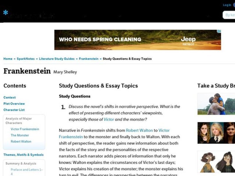 Frankenstein by Mary Shelley: Study Guide - Mini Essays Study Guide