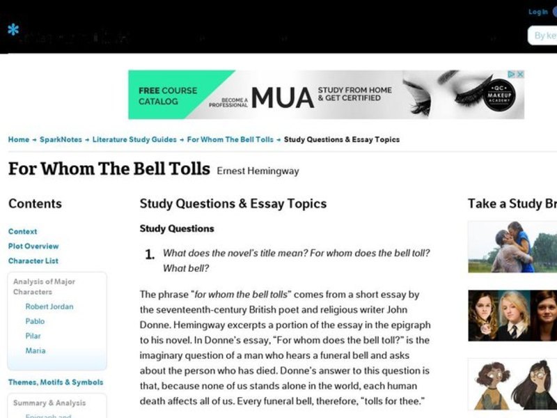 For Whom The Bell Tolls by Ernest Hemingway: Study Guide - Essays Study Guide