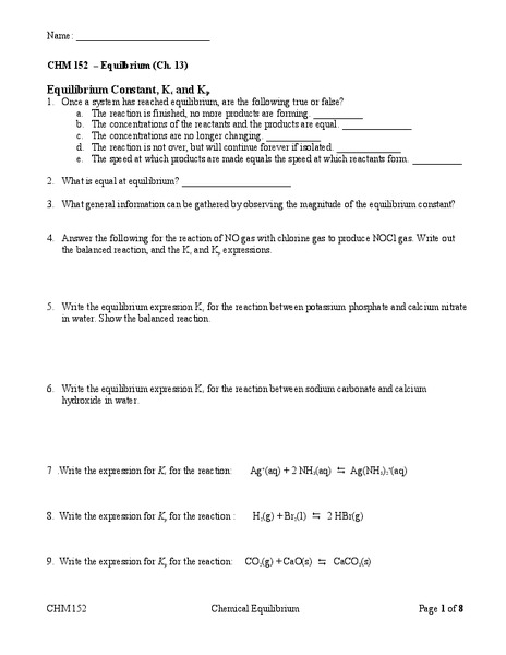 Equilibrium Constant Worksheet
