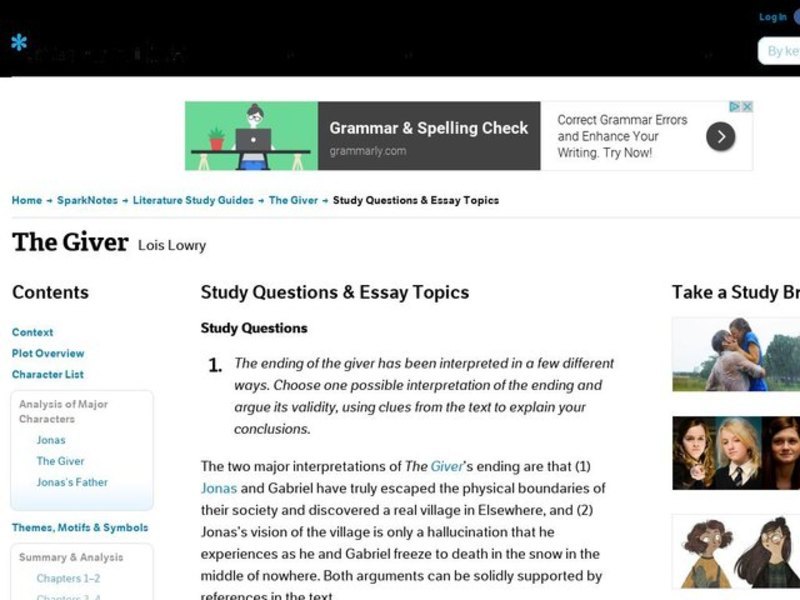 The Giver by Lois Lowry: Study Guide - Mini Essays Study Guide