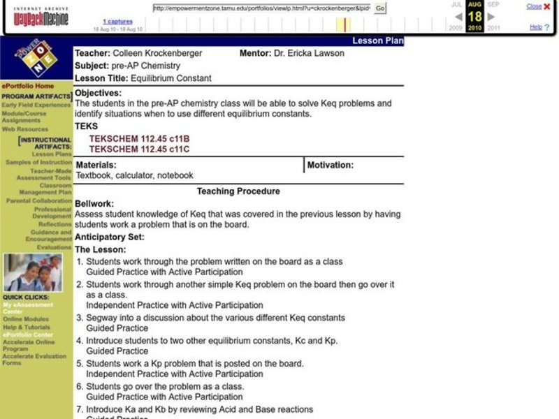 Equilibrium Constant Lesson Plan