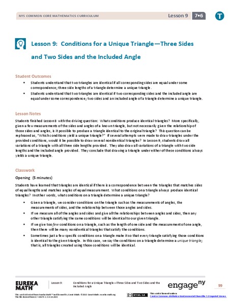 Conditions for a Unique Triangle—Three Sides and Two Sides and the Included Angle Lesson Plan