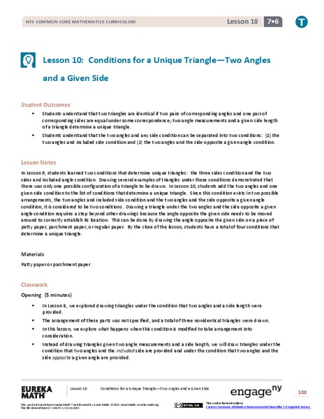 Conditions for a Unique Triangle—Two Angles and a Given Side Lesson Plan