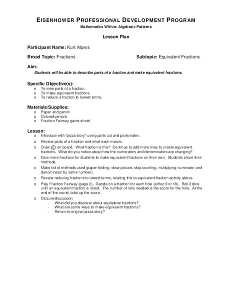 Equivalent Fractions Lesson Plan