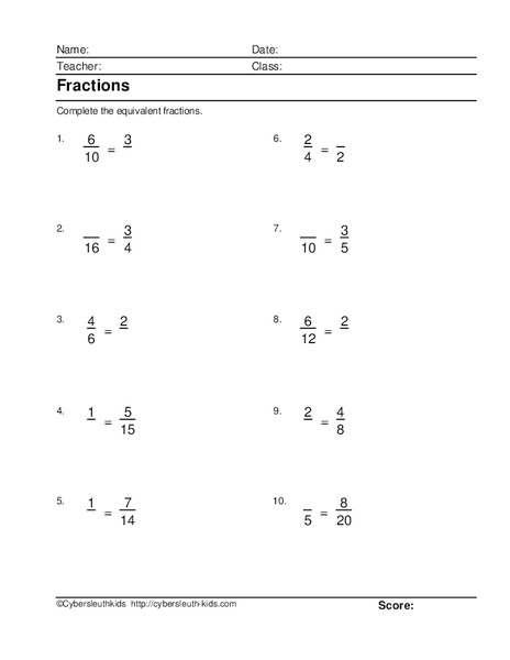 Equivalent Fractions Worksheet