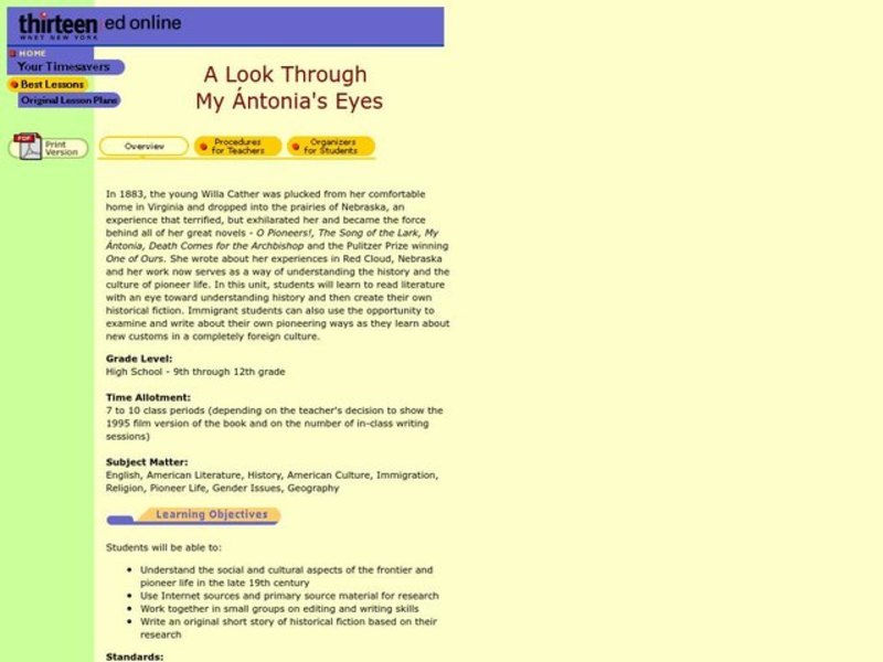 A Look Through My Antonia's Eyes Lesson Plan