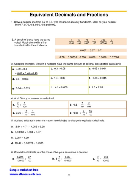 Equivalent Fractions and Decimals Worksheet