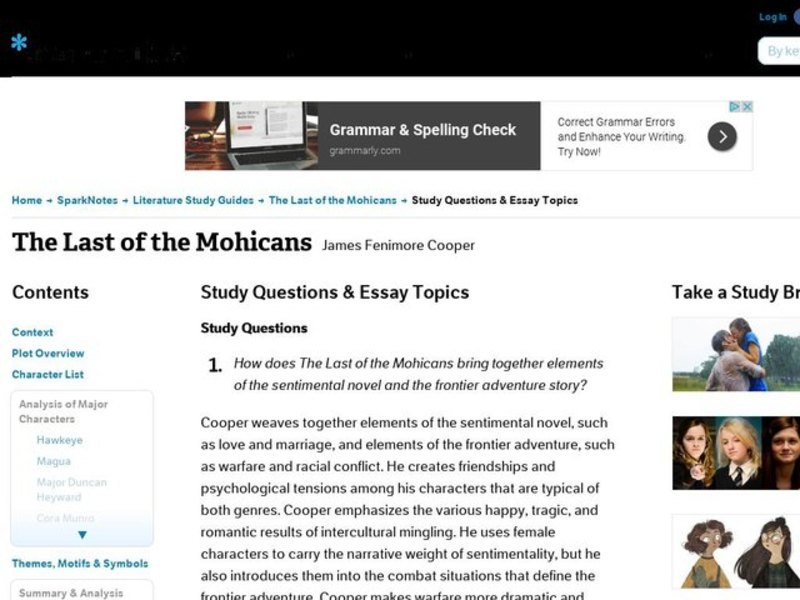 The Last of the Mohicans by James Fenimore Cooper: Study Guide - Mini Essays Study Guide