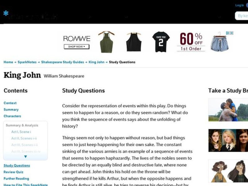 King John by William Shakespeare: Study Guide - Mini Essays Study Guide